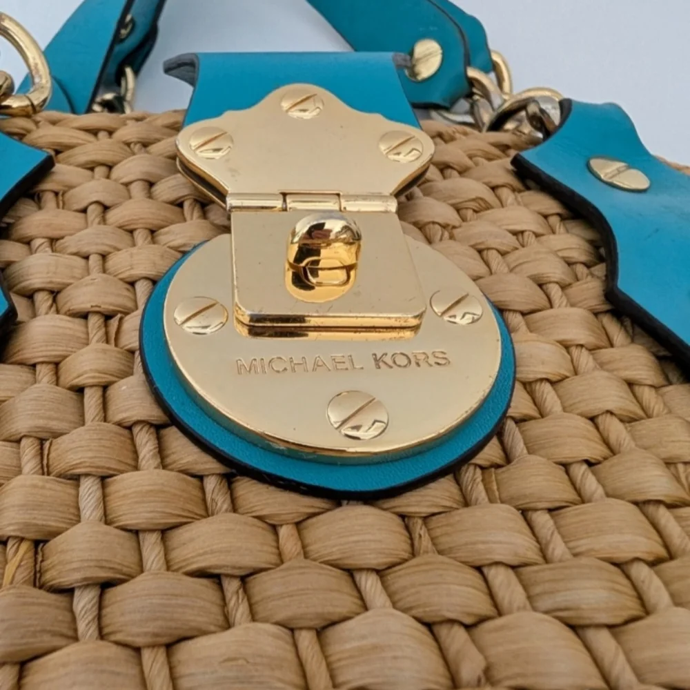 Michael Kors Santorini Straw Handbag Double Teal Leather Gold Chain Straps Rare - Picture 6 of 9